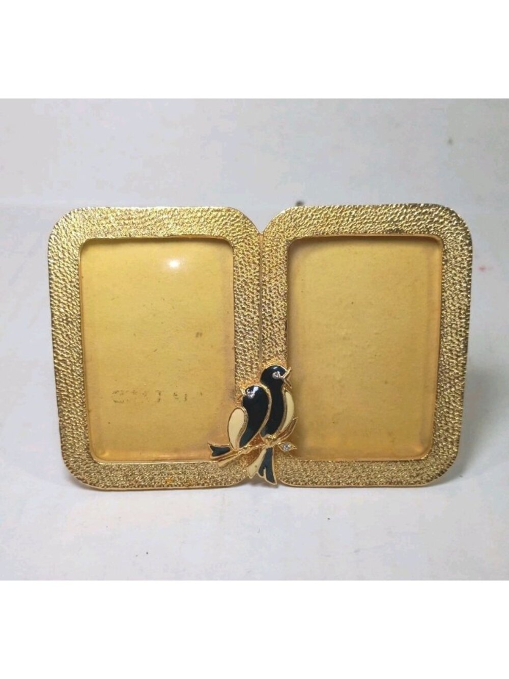 Vintage Small Gold Tone Metal Enamel Birds Double Picture Frame Thailand